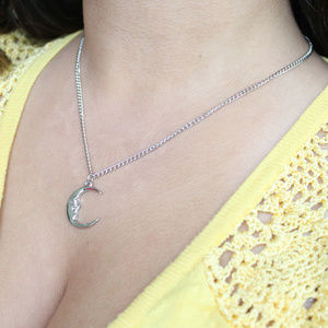 Waning Crescent Moon Face Necklace, Gold or Silver